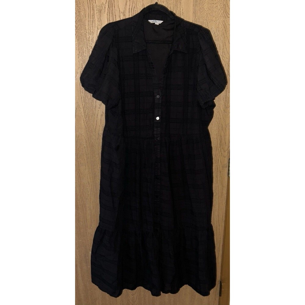 Women’s 2x Ophelia Roe Black Plaid Button-Front Midi Dress Puff Sleeve - Picture 2 of 11